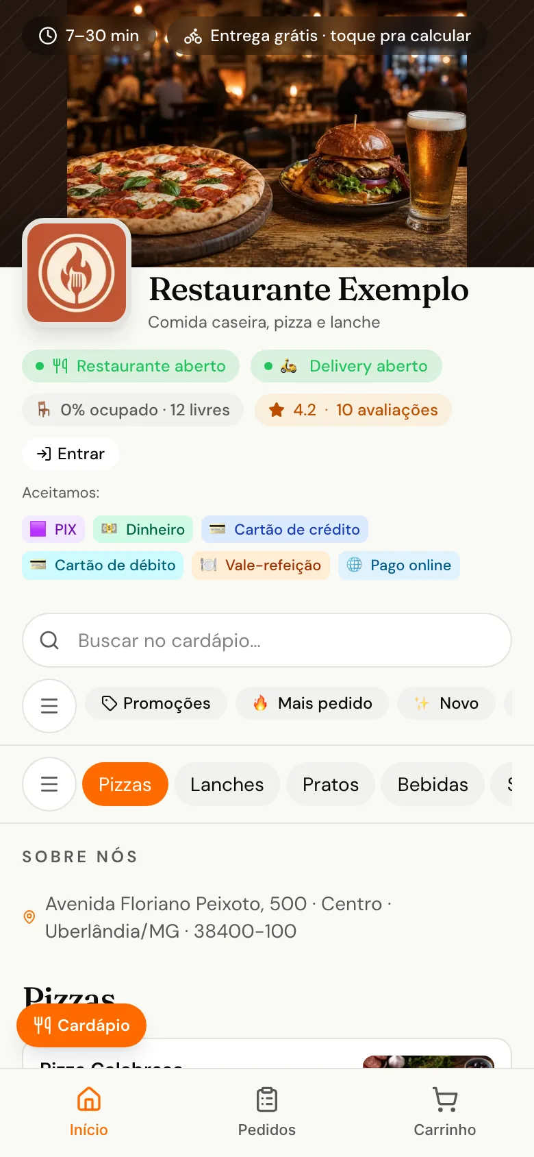 Cardápio digital do udiFoods no celular com capa, logo, restaurante e delivery abertos, avaliação 4,2, formas de pagamento aceitas, busca e categorias